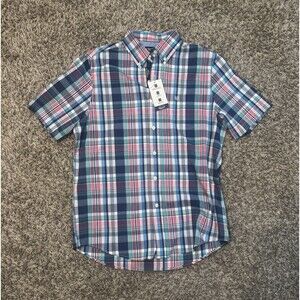Chaps Men's Easy Care Plaid Short Sleeve Button-Down Shirt Blue Pink White M NWT